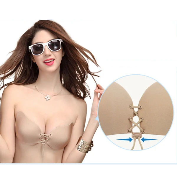 

women's strapless pushup bra self adhesive rope silicone bra with drawstring