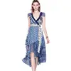 Wholesale Boutique Fancy Dress Sexy V neck Cap Sleeve Dots Print Lace Patchwork Elegant Irregular Long Dress