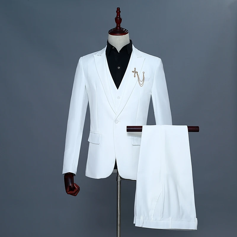 

Stylish Solid Color 3 Pieces Men's Suits Stage Forformance Banquet Groom Wedding Slim Fit Blazer Vest Pants