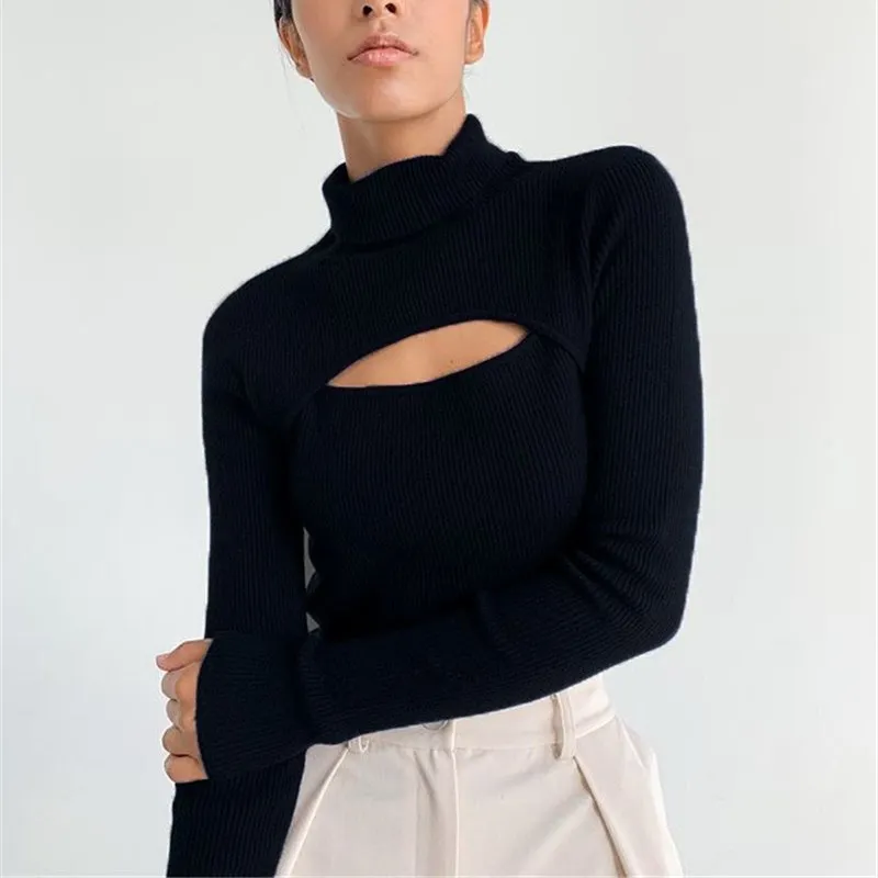 

2021 New Winter Longe Sleeve Hollow Out Knitted Pullover For Women Solid Turtleneck Knitted Sweater