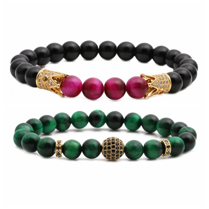 

Hot selling 2pcs/set 8mm new energy jewelry beaded tiger eye natural stone custom bracelet men diy crown bracelet, Picture