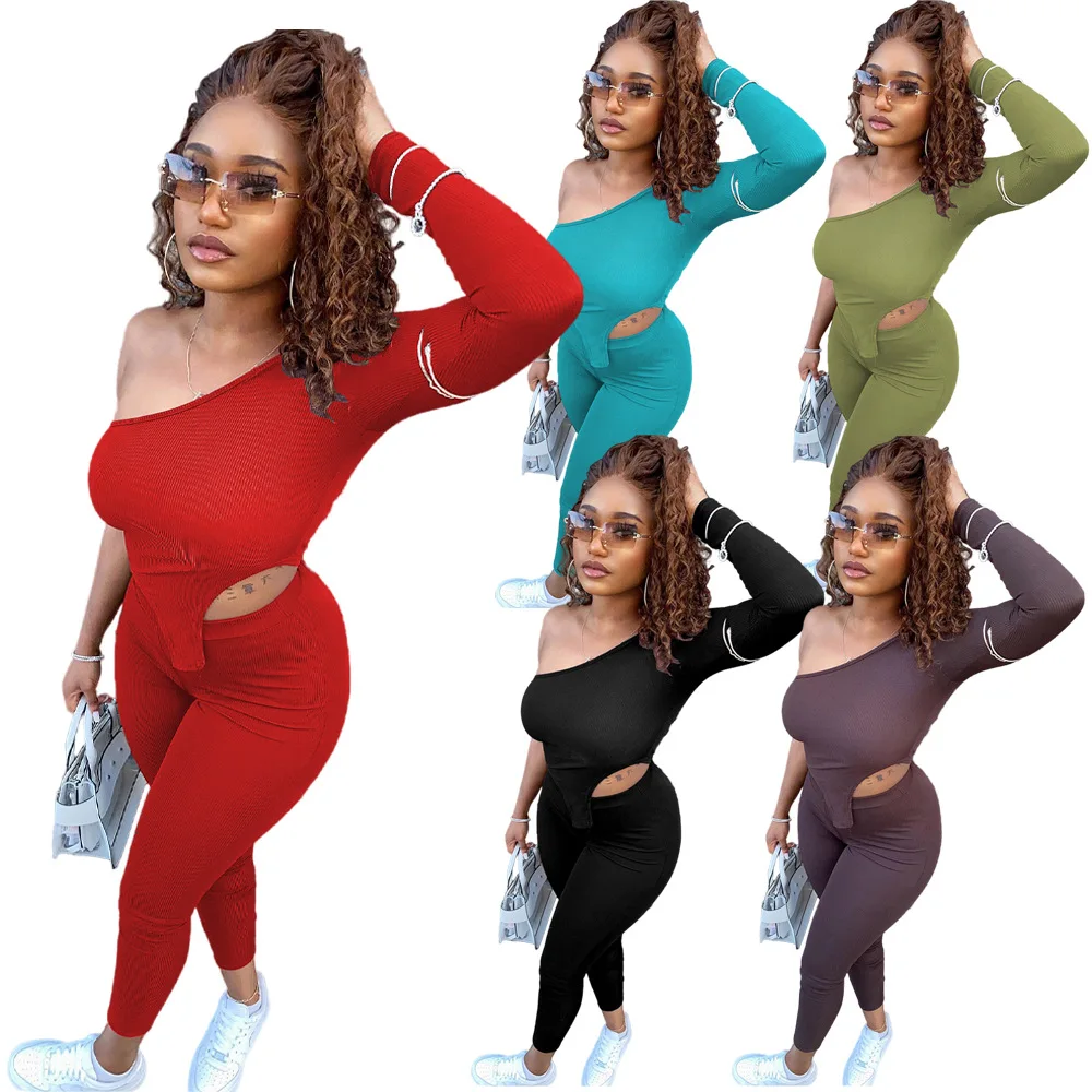 

2022 New Arrivals Strapless Two Piece Pants Set Spring Women Clothes Single Sleeve Crop Top 2 Piece Legging Suit