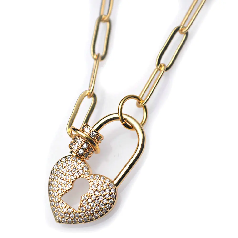 

New Element Zircon Paved Heart Shape Key Lock Metal Charm Pendant Necklace Linked Chains Fashion Wman Jewelry