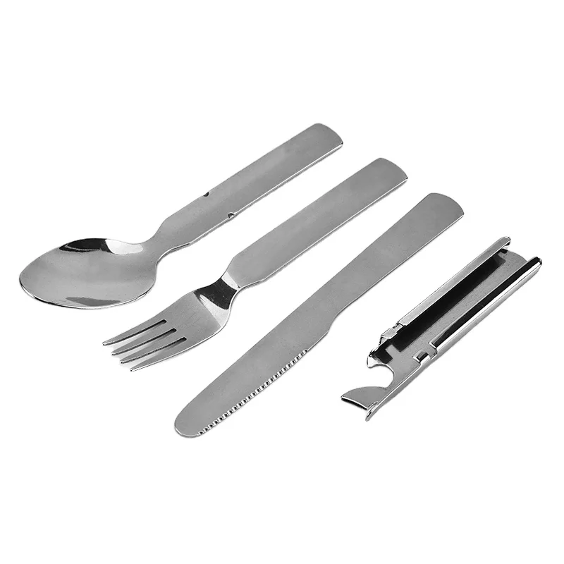 

New Camping tableware set travel Utensils Set BBQ portable outdoor cutlery 4 in 1 Stainless Steel Fork Spoon Knife with opener, Silver or customized