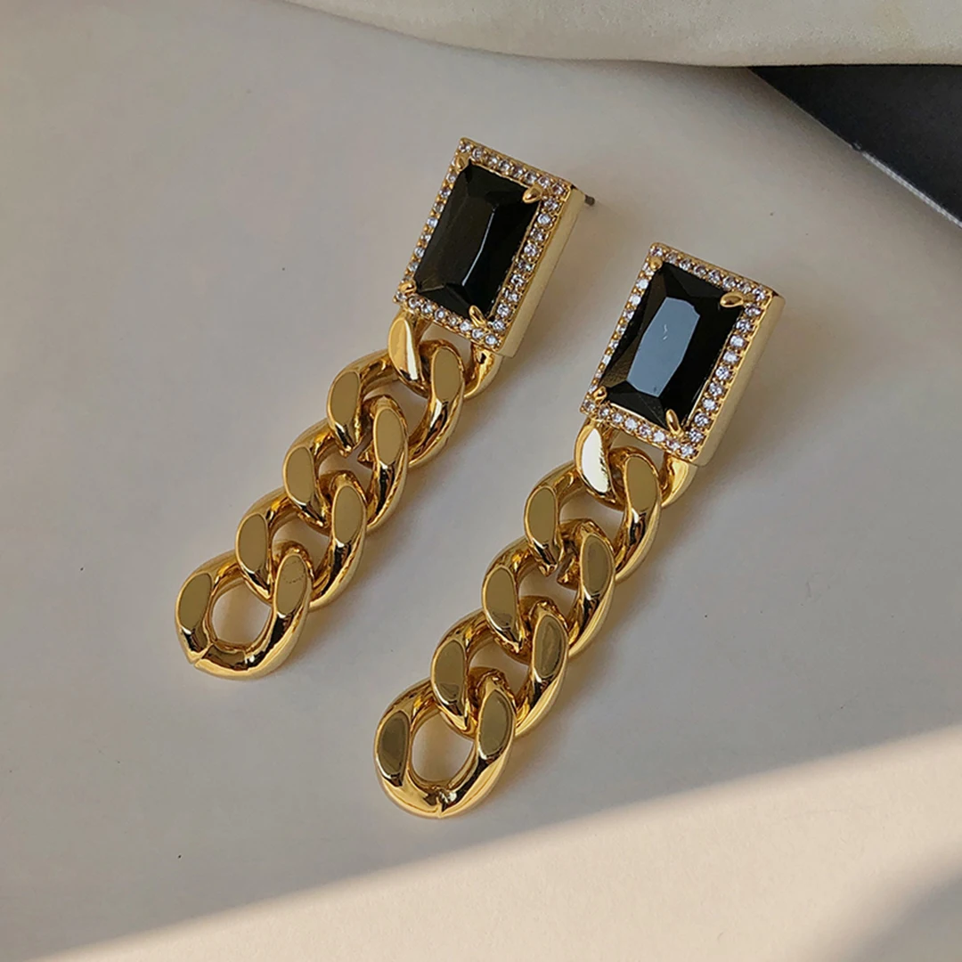 

Square Black Diamond Cuban Link Chain Earrings for Women 2021 Cubic Zirconia Long Dangle Gold Earrings Vintage Luxury Jewelry