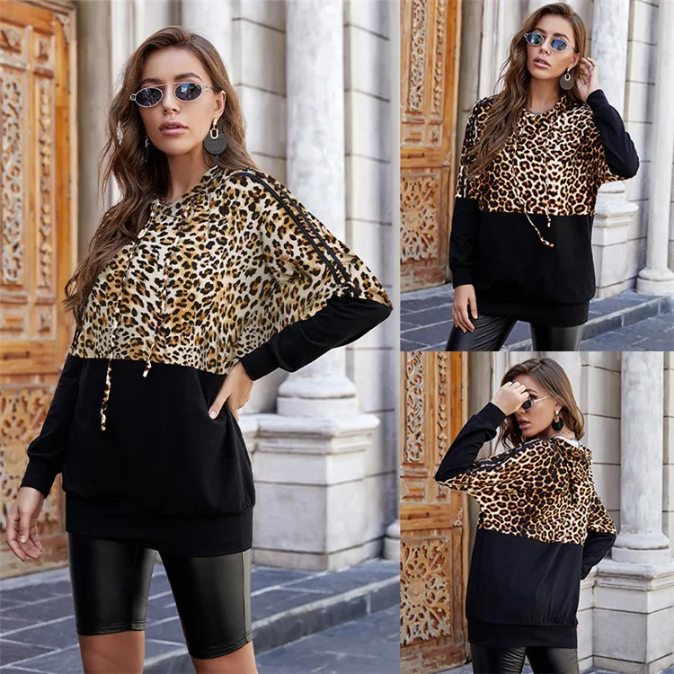 

2021 All-match New Women's Sexy Long-sleeved Hooded Sweater Leopard Top, As show