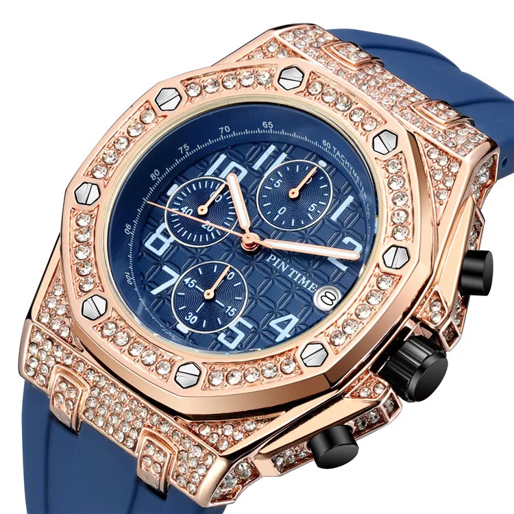 

PT High quality hotsale silicone strap big dial calendar diamond quartz waterproof luxury watch, As pic