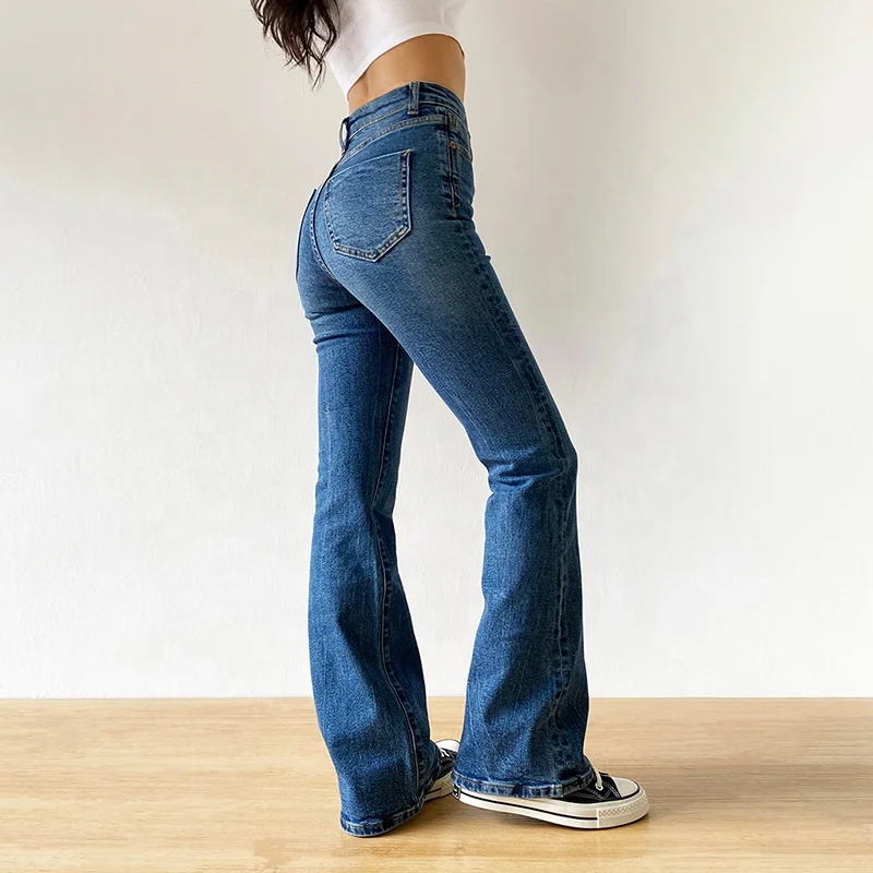 

Flared Jeans Woman Tall High Waist Slim Fit Denim Pants Blue Elastic Skinny Fashion Classic Wide Leg Jeans Women