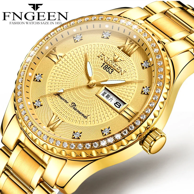 

FNGEEN S888 elegant golden mens quartz watch activity steel band water resistant week display Concise business wrist watch