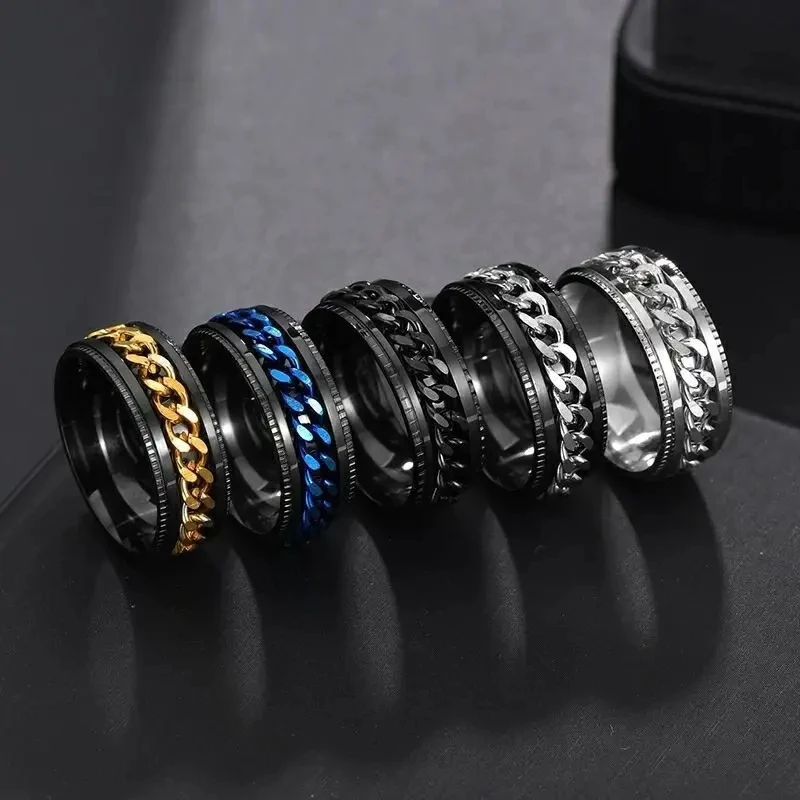 Newest Stainless Steel Spinner Silver Rings for Men Hiphop Punk Titanium Steel Chain Spinner Rings Accessories Jewelry Gift