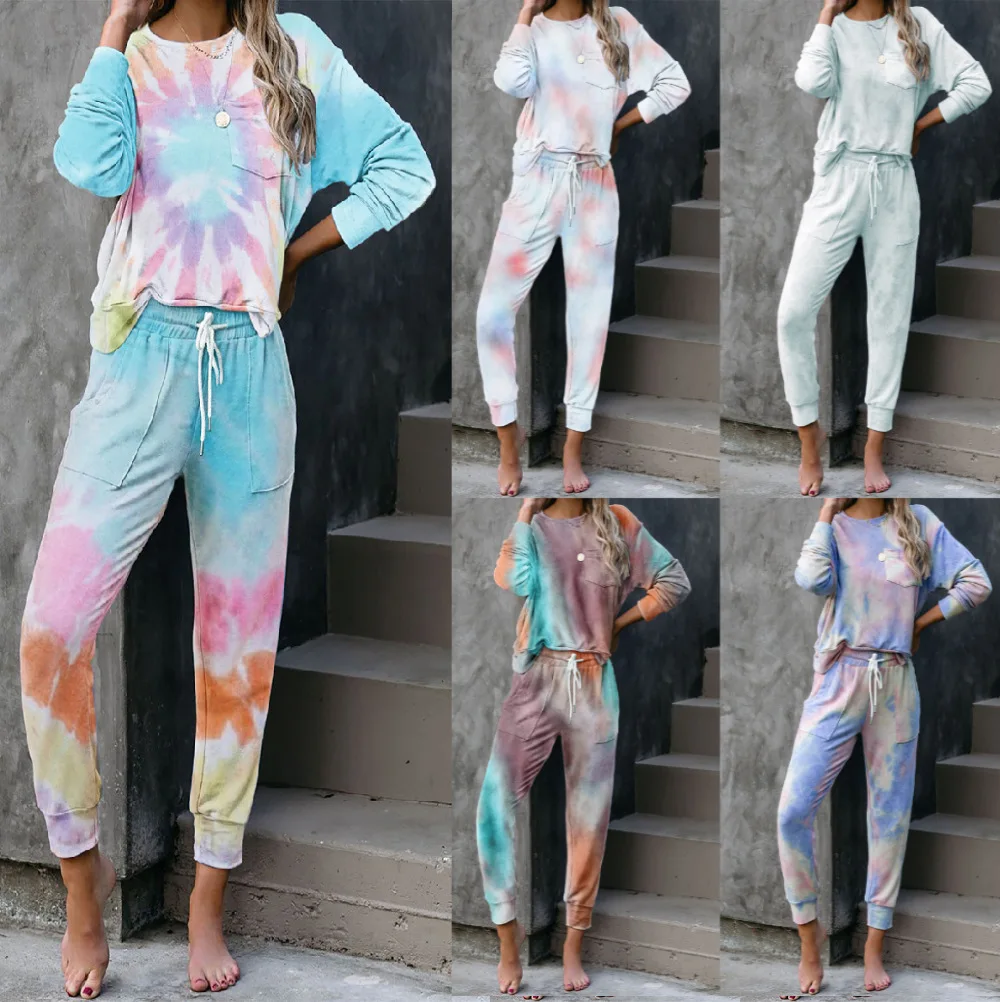 

WW-0217 Tie-dye Leisurewear Long-sleeved Pants, Pajamas Tie Dye Women Pajamas Sleepwear Sets, Same as picture