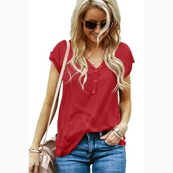 

Wholesale V Neck Buttoned Short Sleeve Women T Shirt