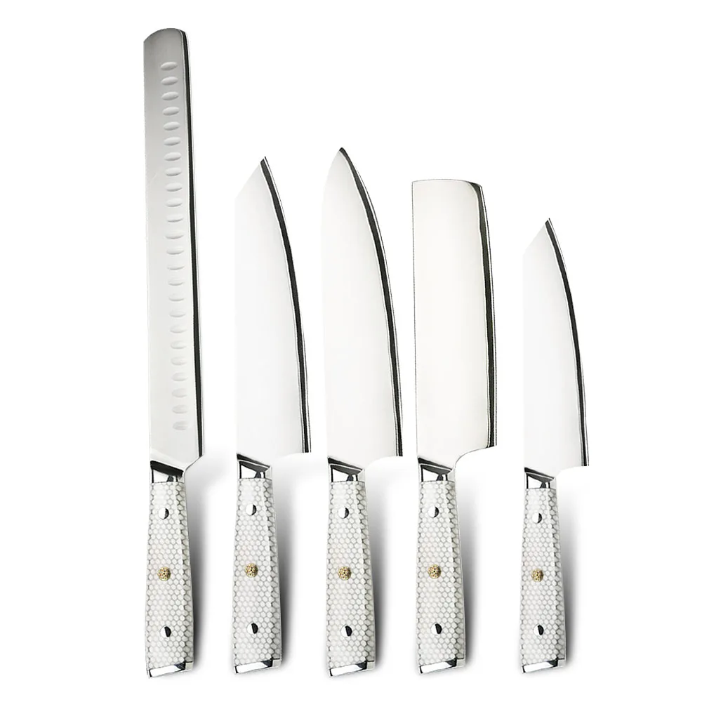 

7 layer steel damascus 10Cr15MoV kitchen knife set with White honey comb resin Full tang