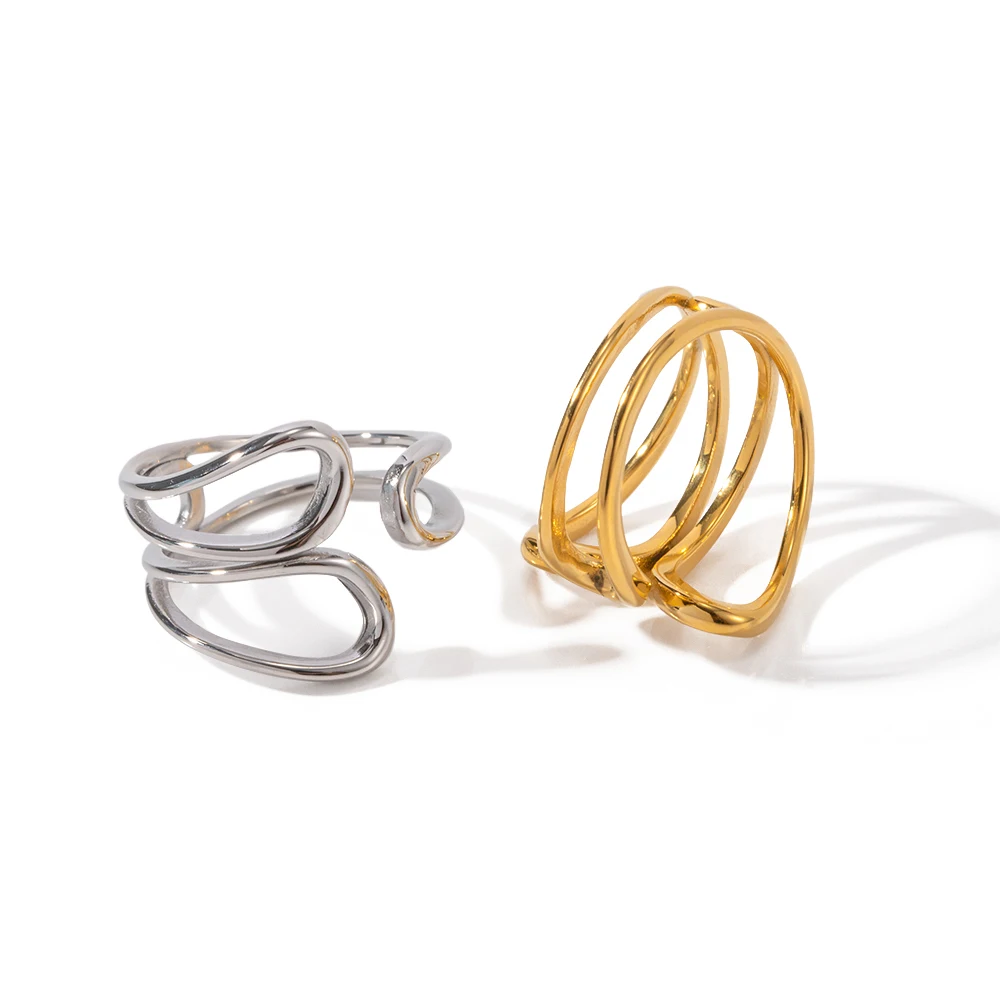 

Geometric Gold Silver Plated Stainless Steel Rings Wide Double Layer Stagger Open Ring for Girls