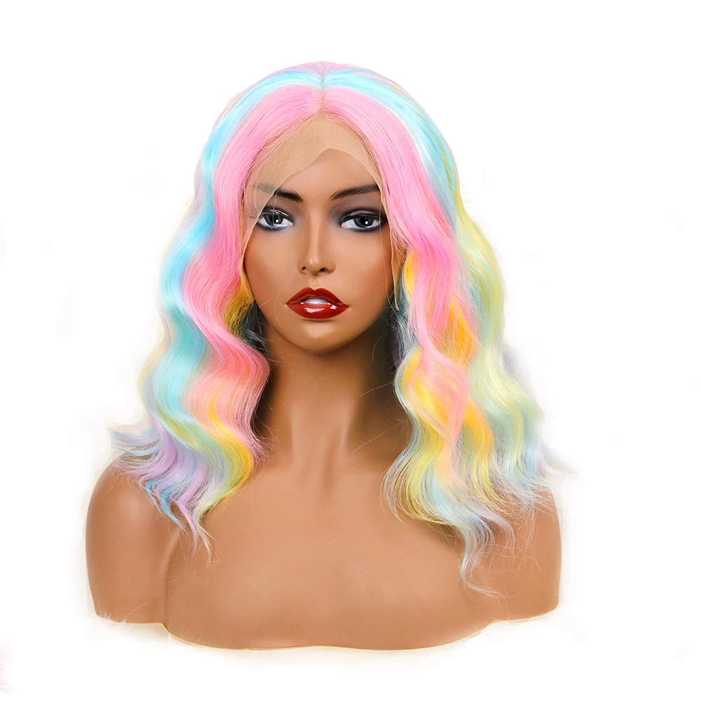

Rainbow Colors Short Lace Front Synthetic Wig Colored Heat Resistant Fiber Laces Frontal Hair Wigs