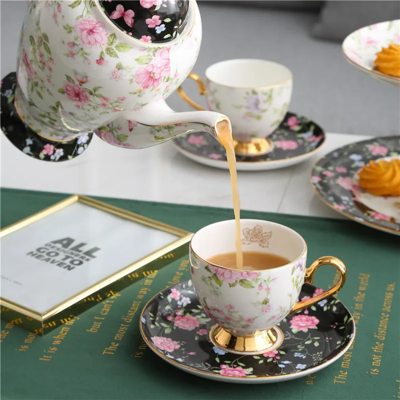 

European Style Ceramic Coffee Milk Tea Cups Mug Saucer Drinkware with Dish Spoon Set, Pink