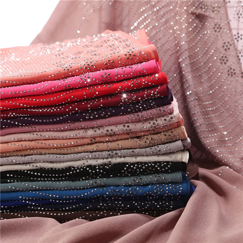 

Solid Color Chiffon Scarf Muslim Hijabs For Women Long Shawls And Wraps Luxury Rhinestone Turban Head Scarfs For Ladies Girl