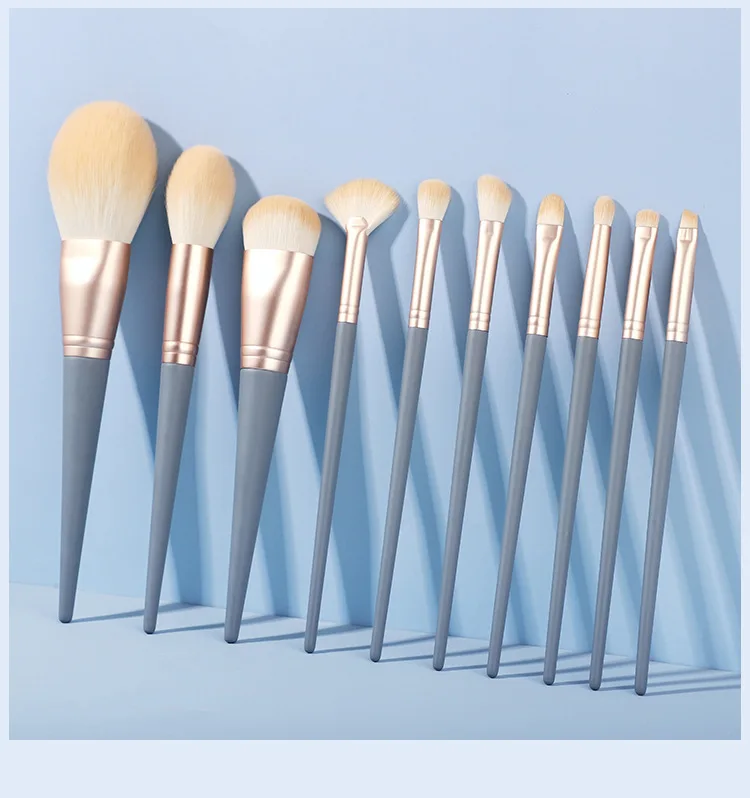 

High Quality 10 Pes Beginners Blue Grey Eye Brush Set Private Wooden Makeup Brushes Sets, Blue gray