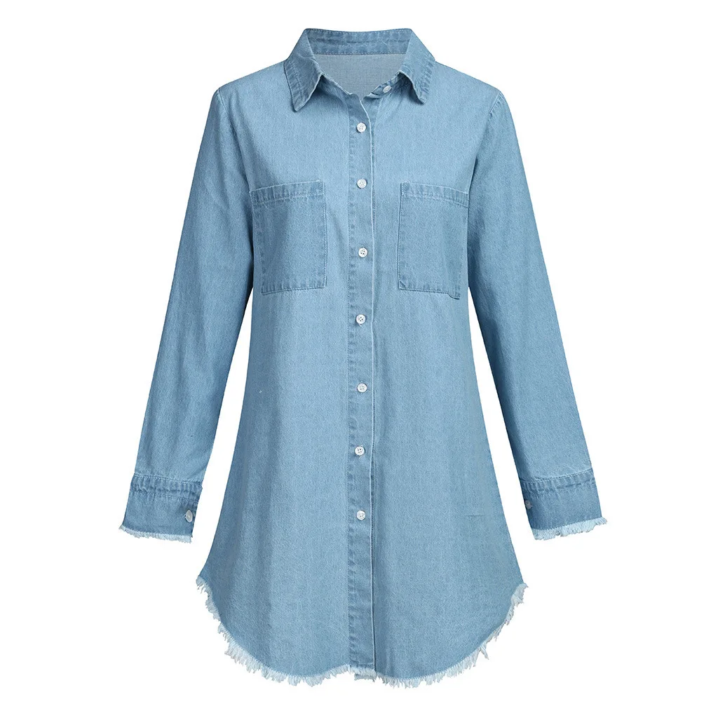 

s-5xl Women Button Down Shirt Long Sleeve Cotton Blouse Long Jeans Tunic Top Classic Vintage Long Sleeve Denim Chambray Shirt