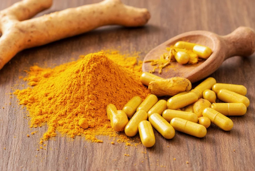 Turmeric root, powder, and capsules arranged on wooden table showing different forms of turmeric consumption