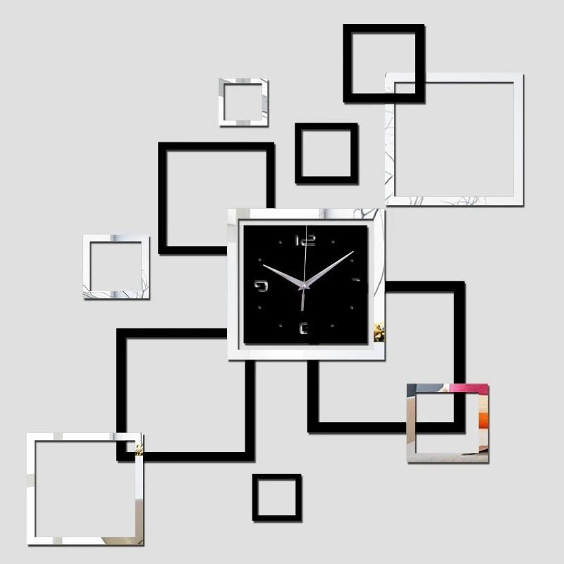 

3D Luxury Decorative Square Frame Modern Large Acrylic Wall Clock for Home Wall Decoration, Silver+black