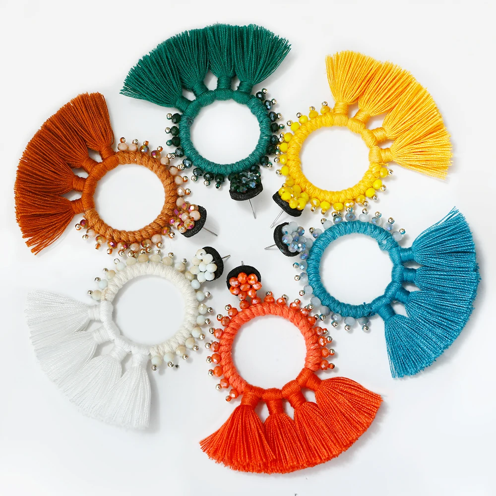 

New Fashion Bohemia Ethnic Jewelry Cotton Thread Tassel Earrings Handmade Colored Crystal Beads Earrings For Women, Orange, white,yellow,brown,green,blue