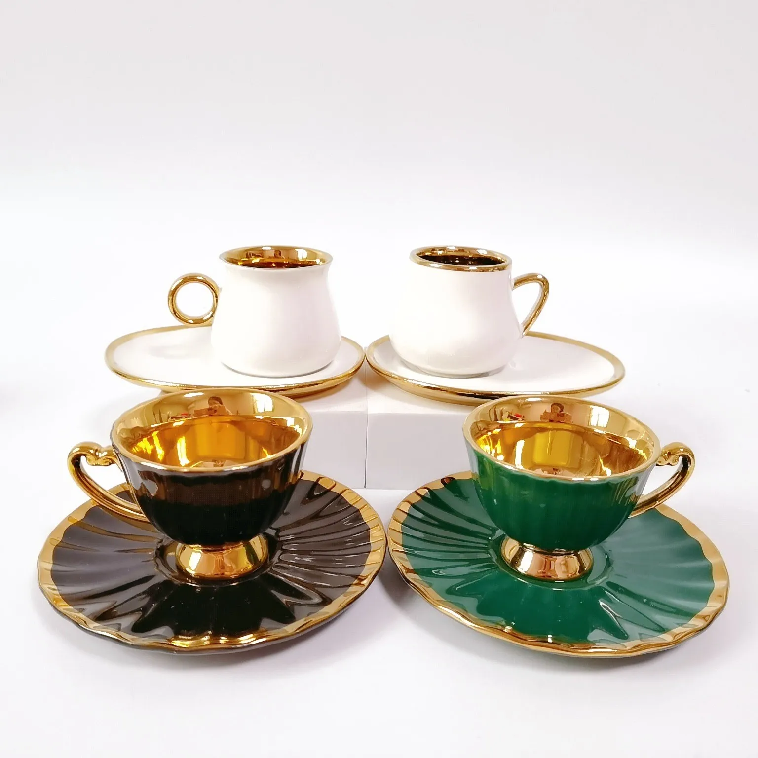 

New Design Ethiopian Gold Plated Ceramic Coffee Tea Cup and Saucer Set 2022, Green,black,white