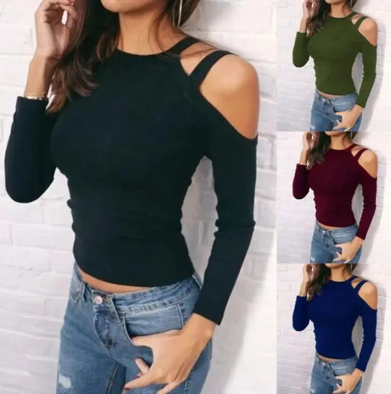 

2020 Sexy Womens Long Sleeve O Neck Off The Shoulder Causal Tops Blouse femme blouse womens top, As shown