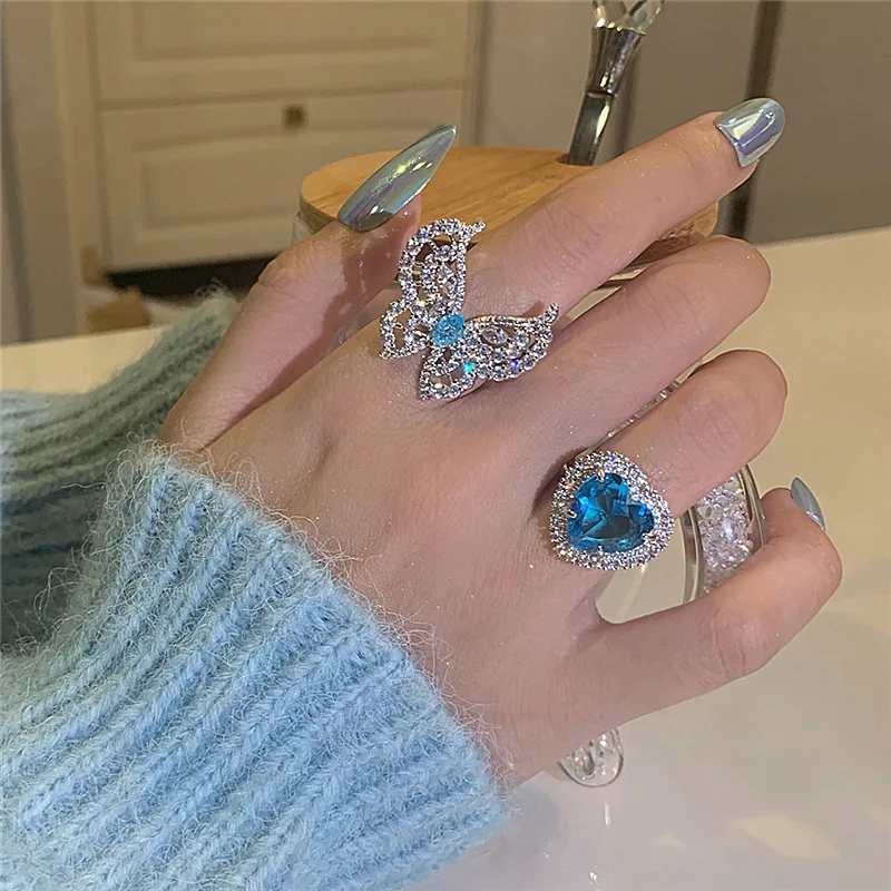 

OUYE Ice and Snow Fairy Tale Series Ring Micro-inlaid Zircon Ice Blue Love Heart Opening Ring Crystal Butterfly Ring Female, Colorful