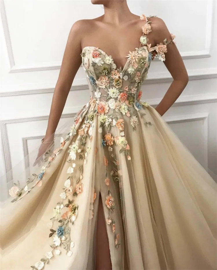 

Champagne Evening Dresses 2021 Flowers Prom Dress Women Formal Party One-Shoulder Long Evening Gowns