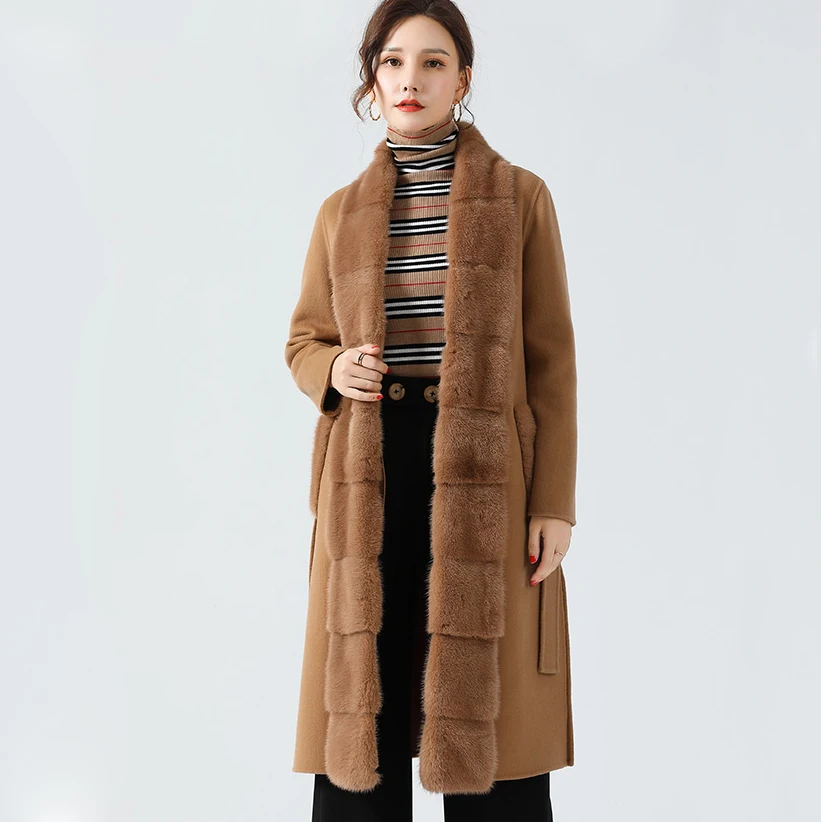 

New Arrival Real Wool Coat With Mink Fur Trim Cashmere Jacket Handmade Women coat