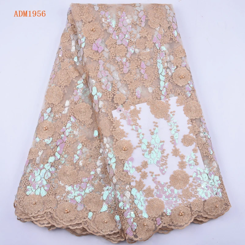 

Latest Gold African Lace Fabric Embroidered Nigerian Sequins Lace Fabric High Quality French Tulle Lace Fabric For Women 1956