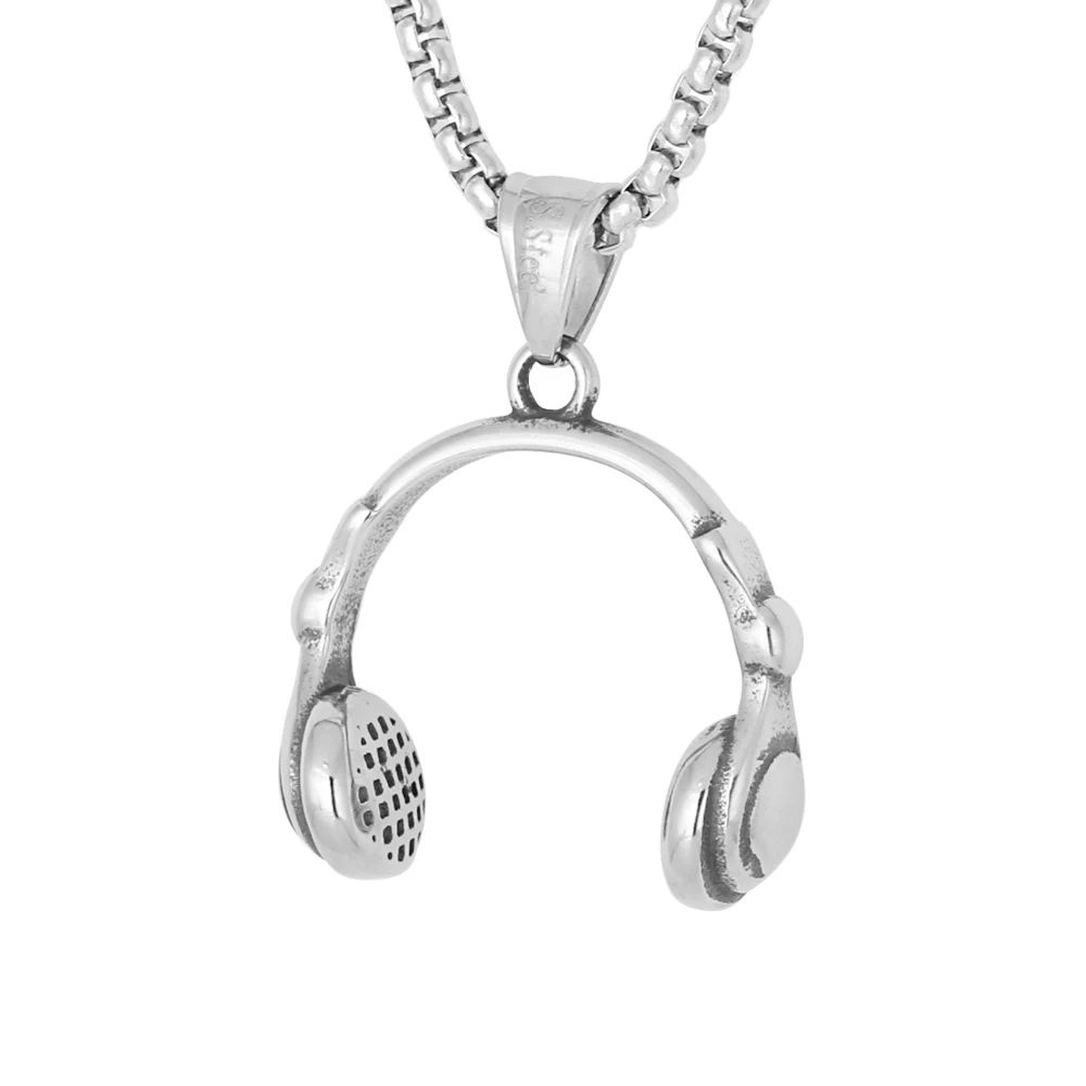 

New Fashion Hip Hop Earphone Jewelry Men Stainless Steel DJ Music Headphone Pendant Necklace with 3D Effect