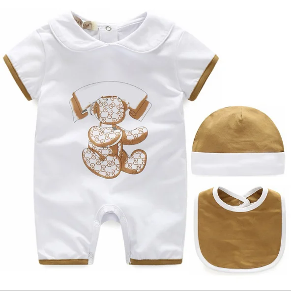 

White color baby rompers shortsleeve clothes sets with brown bear summer 3 pcs clothes high quality, Picture