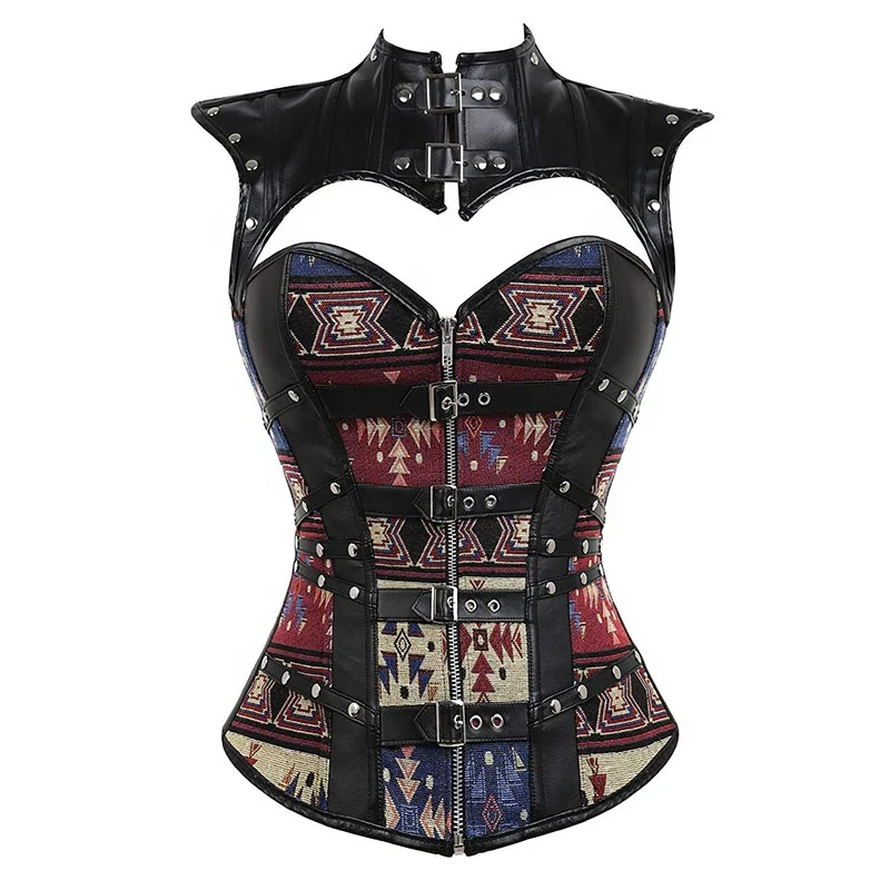 

Best Tummy Control Body Shaper Steampunk Vintage Slimming Shapewear Leather Gothic Body Corset With Plastic Top And Vest, Colorful, can be customerized