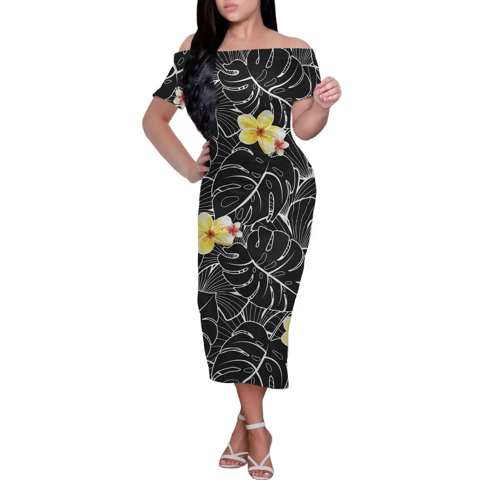 

Hawaiian Plumeria Monstera Polynesian Sexy Dresses Off The Shoulder Bodycon Dress Women Summer Evening Club Party Midi Dress, Customized color