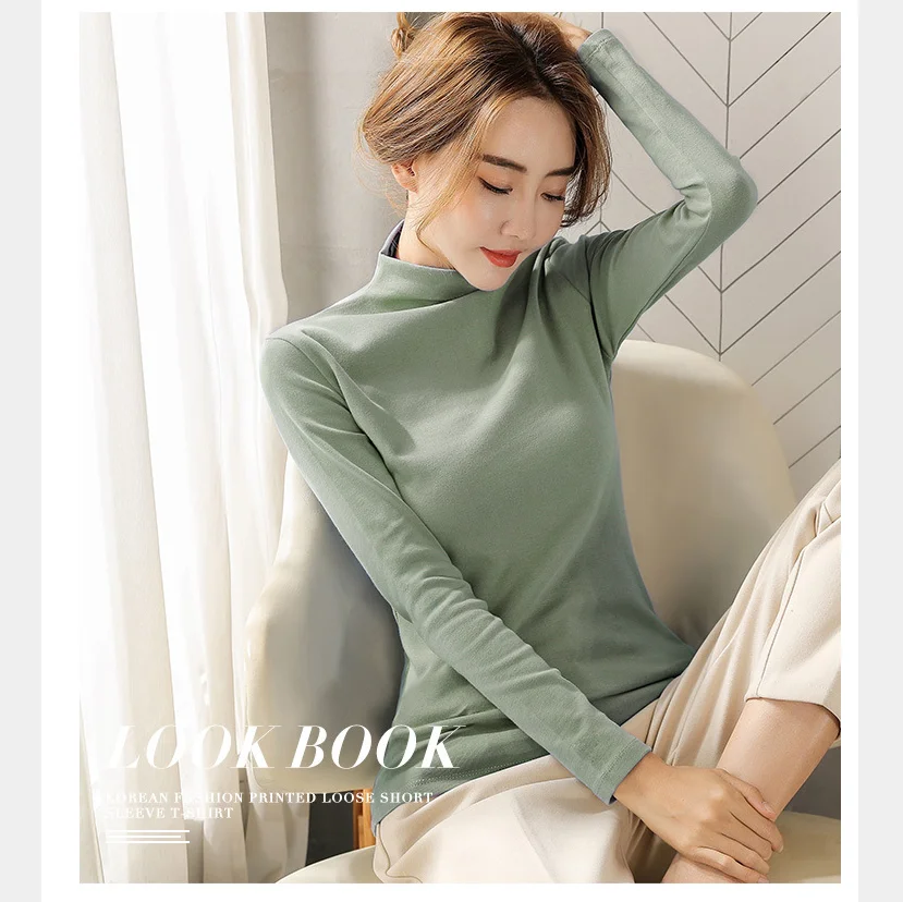 

New Women Autumn Winter T-Shirts Solid Turtleneck Bottoming Long Sleeve Casual Korean Style Slim Tops Tees