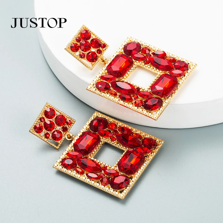 

Wholesale Jewelry Bling Earrings European and American Fashion Color Diamond Alloy Glass Oversized Square Earrings Women