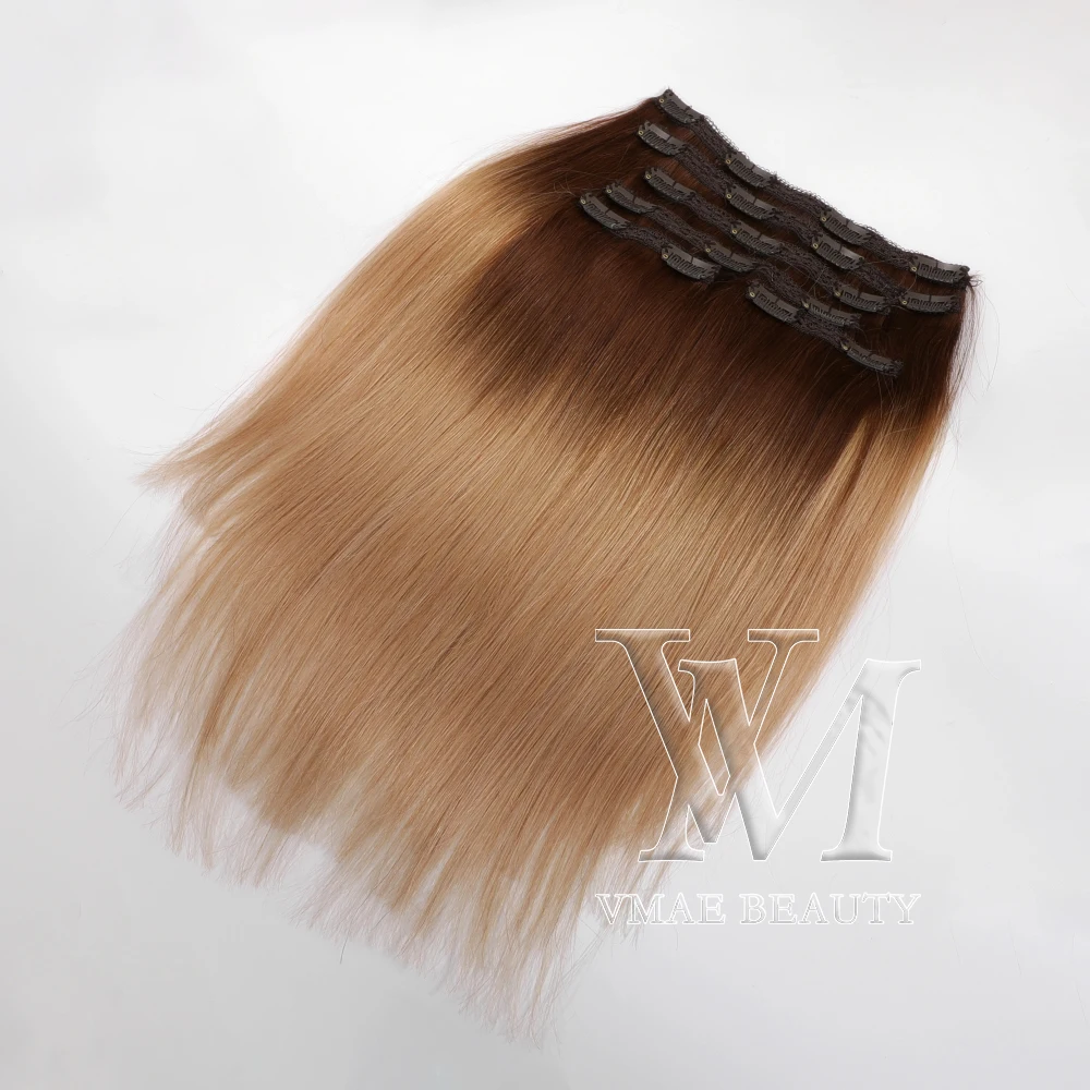

VMAE 11A High Quality Remy Virgin Hair 4# Root 27# End Hair Ombre Color Human Clip In Hair Extension, Custumized color