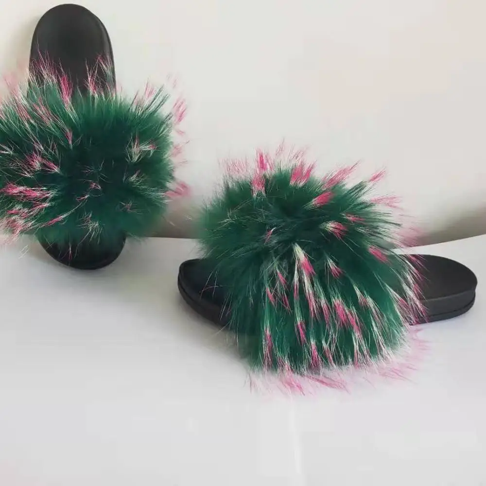 

wholesale cheap luxury branded personalized fancy fox fur slippers for girls, Black,gray,blue,red or as customers' requirement