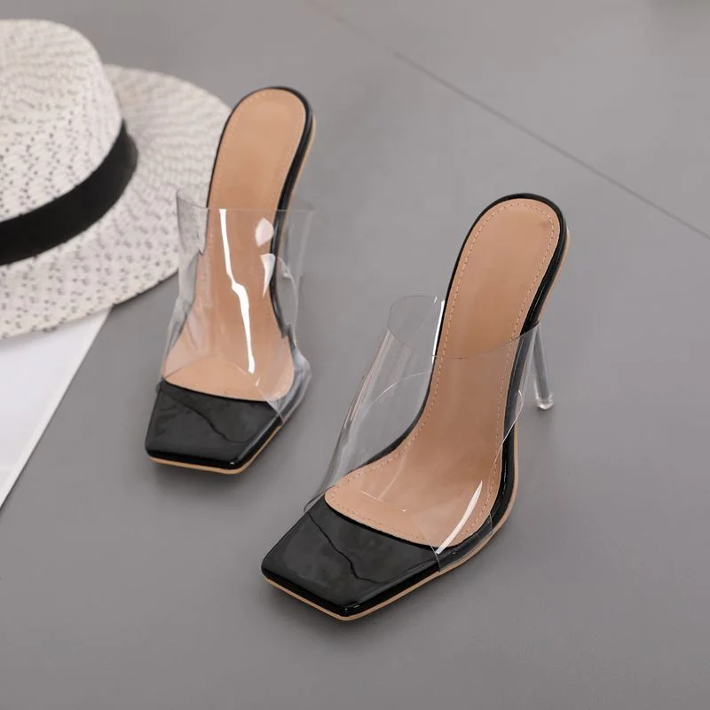 

Women Clear PVC Surface With chunky heels summer sandals Square Open Toe women Slippers Slides Outdoor women Thin High sandals, Black white apricot red pink