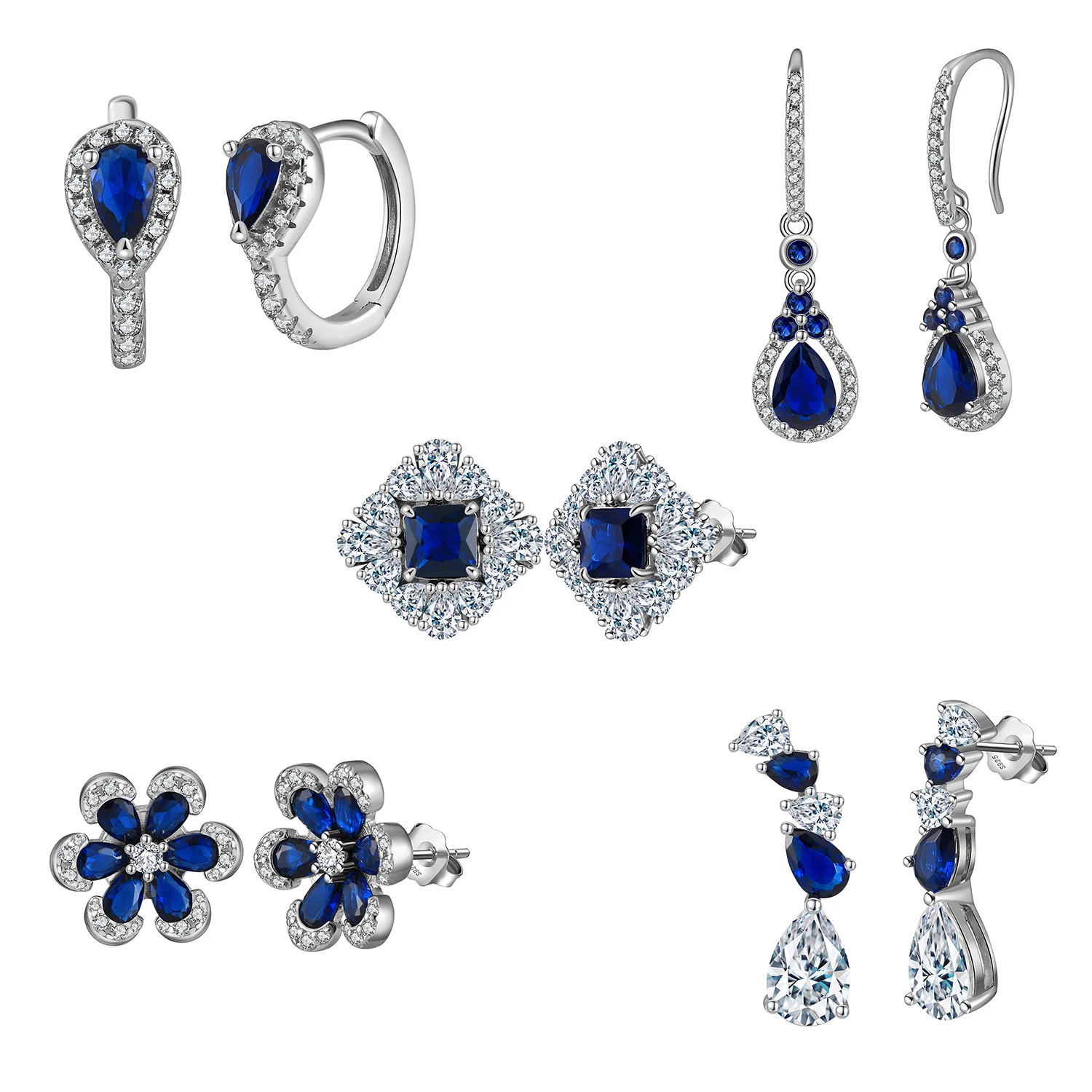Jiangyuan Hypoallergenic Solid 925 Sterling Silver Jewelry Sapphire Cubic Zirconia Flower Cross Stud Earrings for Women