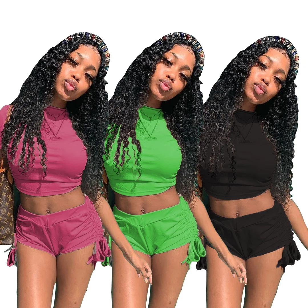 

Summer 2021 Women's Solid Color Two Piece Set Outfit Short Sleeve Crop Top+Drawstring Shorts Sets Plus Size Women Clothing