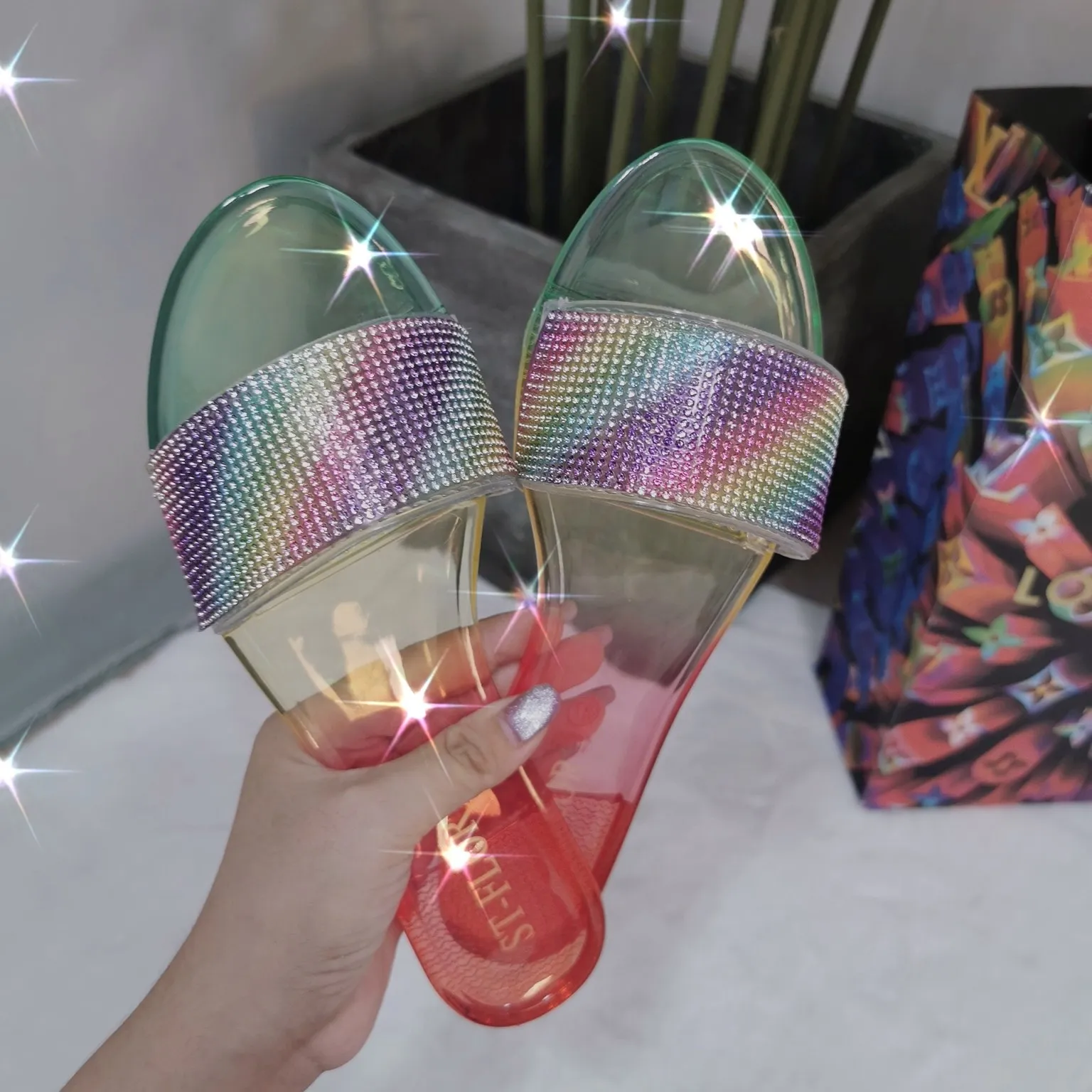 

Summer Colorful Rhinestone PVC Jelly Slippers Women's Sandals, Customized color