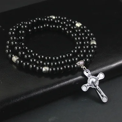 

2021 New Design 8mm Matte Black Beads Necklace With Silver Alloy Spacers Hematite Crucifix Pendant Necklaces For Men