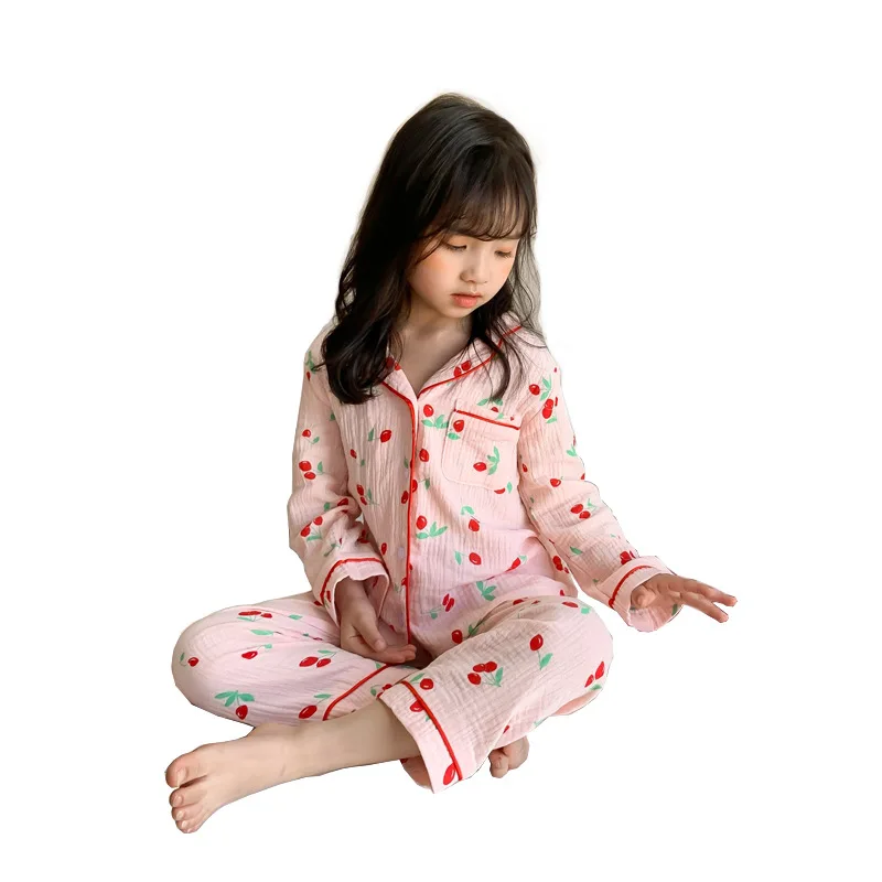 

Long sleeve children's pajamas summer children's thin gauze girl's lovely cherry suit cotton home clothes, Pictures shows