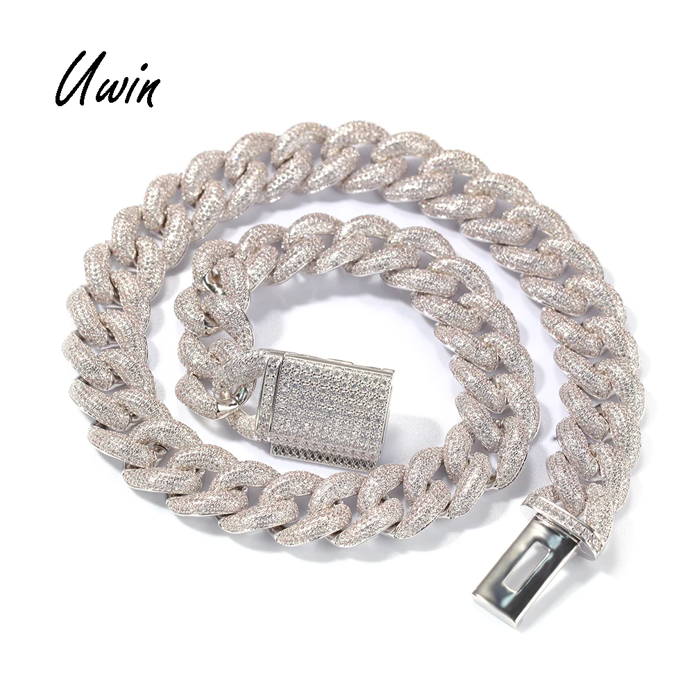 

UWIN Hip Hop 18mm CZ Gold Plated Thick Cuban Link Chain Prong Miami Necklace Wholesale RTS Rapper Jewelries, Gold and silver