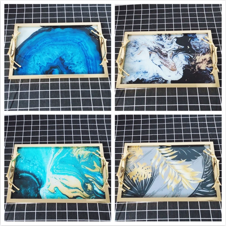 Modern table decoration handle tray gold iron blue agate glass servuing tray