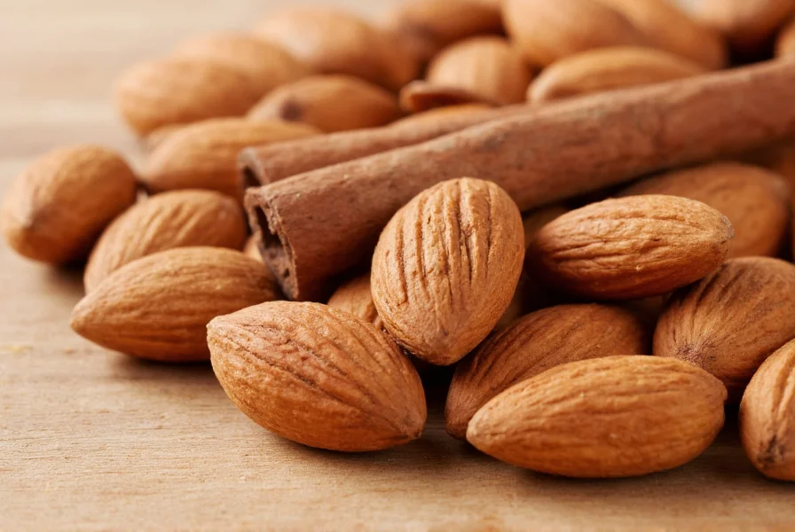 Close-up of almonds and cinnamon sticks arranged on wooden table with natural lighting