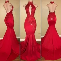 

2020 Red Mermaid Prom Dresses for African Black Girls Vestido De Festa Sexy Backless Halter Lace Fashion Party Gowns